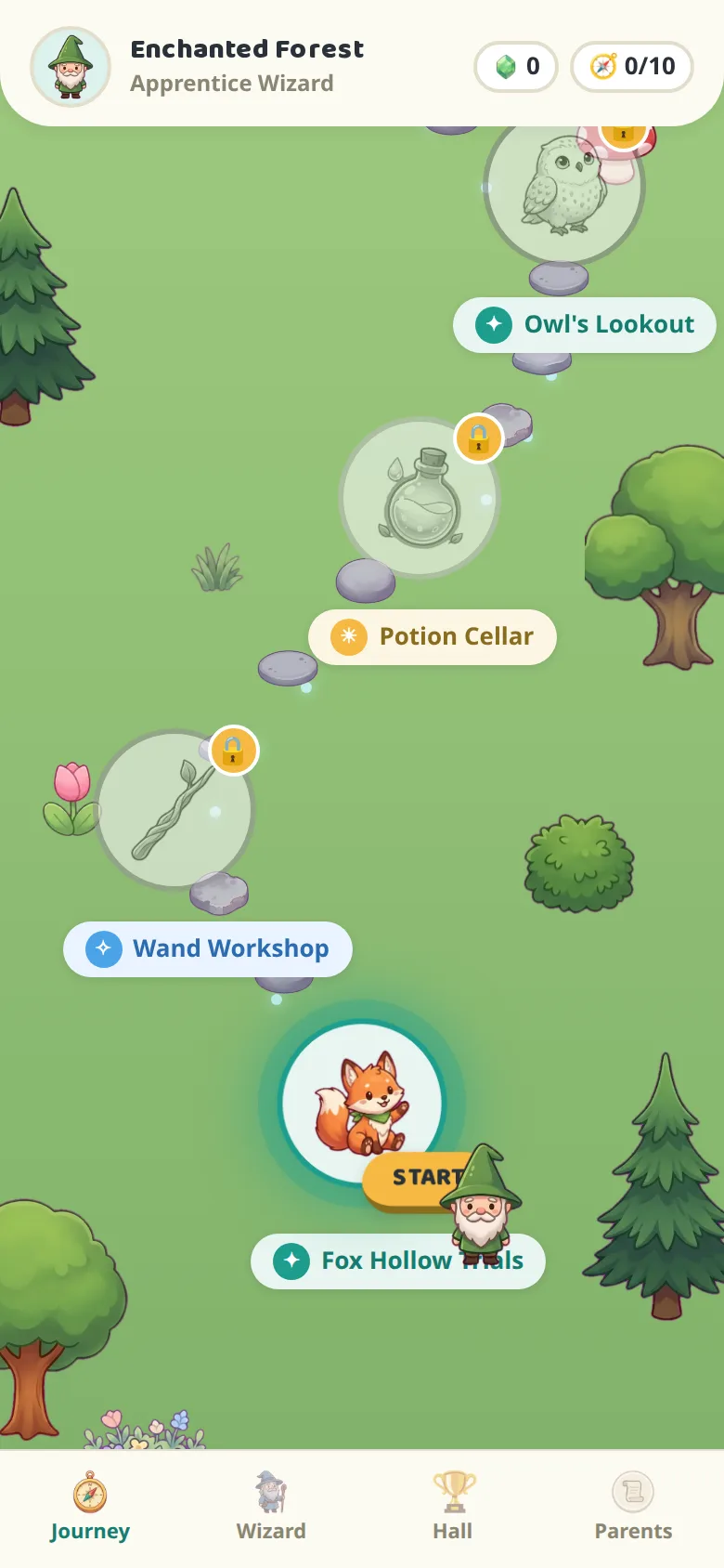 The Wizard World map: the Enchanted Forest path from Fox Hollow Trials up through Wand Workshop and Potion Cellar